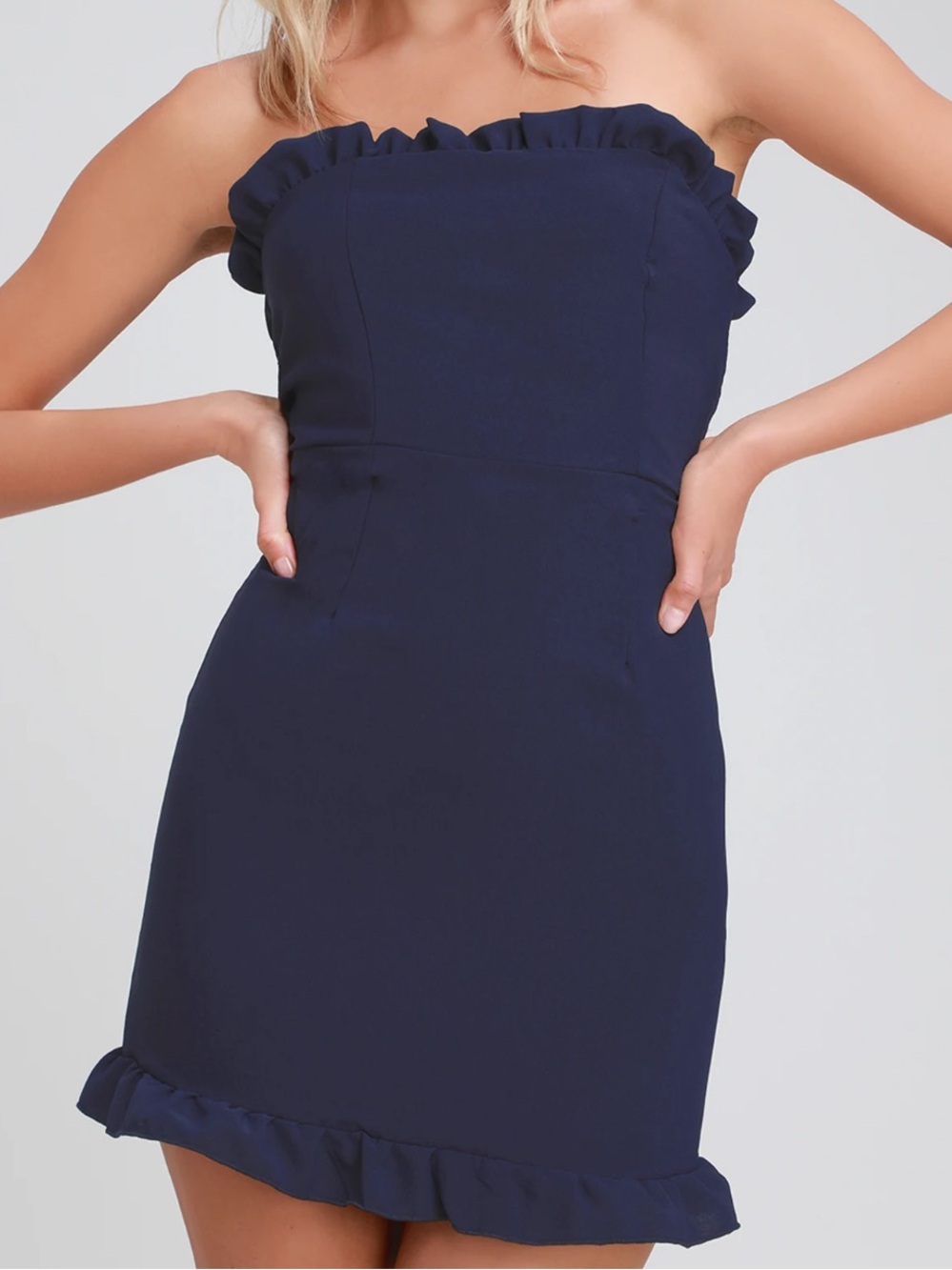 Lulu's Navy Ruffle Trim Strapless Midi Dress